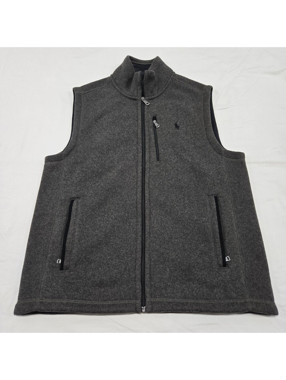 EUC Men's MEDIUM Polo Ralph Lauren Grey Heather Fleece Zip Up Vest Mock Neck